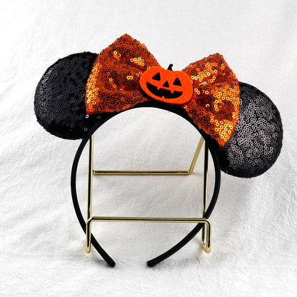 TEBWPIY Halloween Headband - Black Mouse Ears Headband with Shiny Orange Bows and Pumpkin Decoration, Costume Headwear for Girls Women, One Size Fits Most