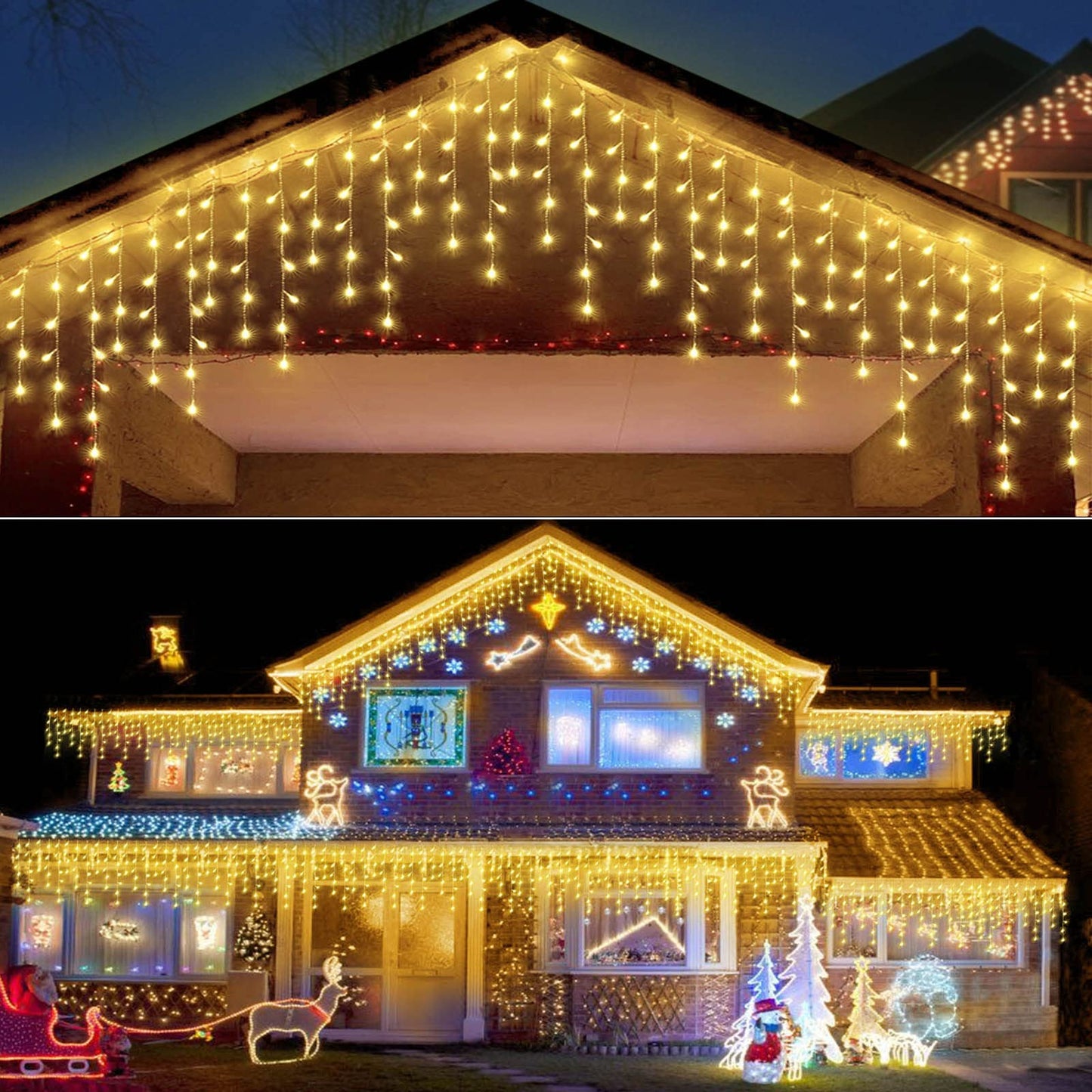 Janchs 304 LED Solar Christmas Icicle Lights Outdoor Decorations, 8 Modes Waterproof Icicle Fairy Lights for Outside Holiday, Patio, Balcony, Christmas, Window, House Eaves Decorations, Warm White