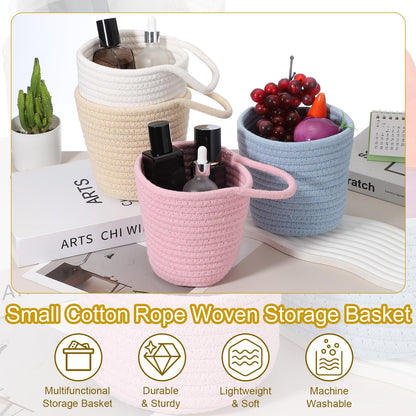 uxcell Blue Small Cotton Rope Woven Storage Basket, Shelf Closet Storage Gift Woven Baskets Cute Nursery Box Bin Decor Organization Bin for Home Supply, Round with Handle, 5.6x5.6