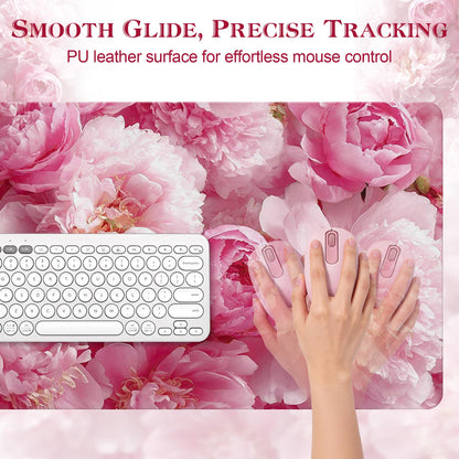 UGYAZX Desk Mat Desk Pad for Keyboard and Mouse, 31.5 x 15.7 in, Pink Peony Floral PU Leather Computer Protector, Non-Slip Base, Waterproof, Easy Clean for Office Gaming, Mouse Pad