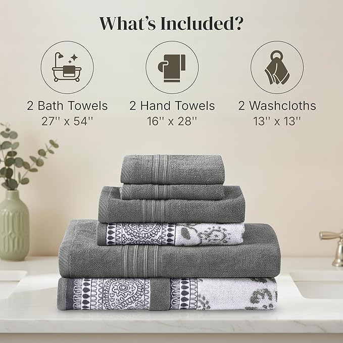 Modern Threads Ophelia 6-Piece 100% Cotton Towel Set – Reversible Yarn Dyed