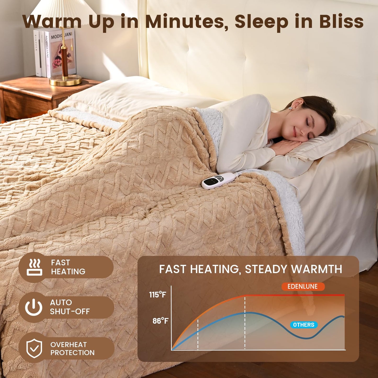 Heated Blanket Electric Queen Size - 84"x90" Electric Blanket with Dual Control, 9 Heat Levels and 1-10 Hours Timer, Soft Jacquard Fleece & Sherpa Washable, Great Gift Idea - Beige