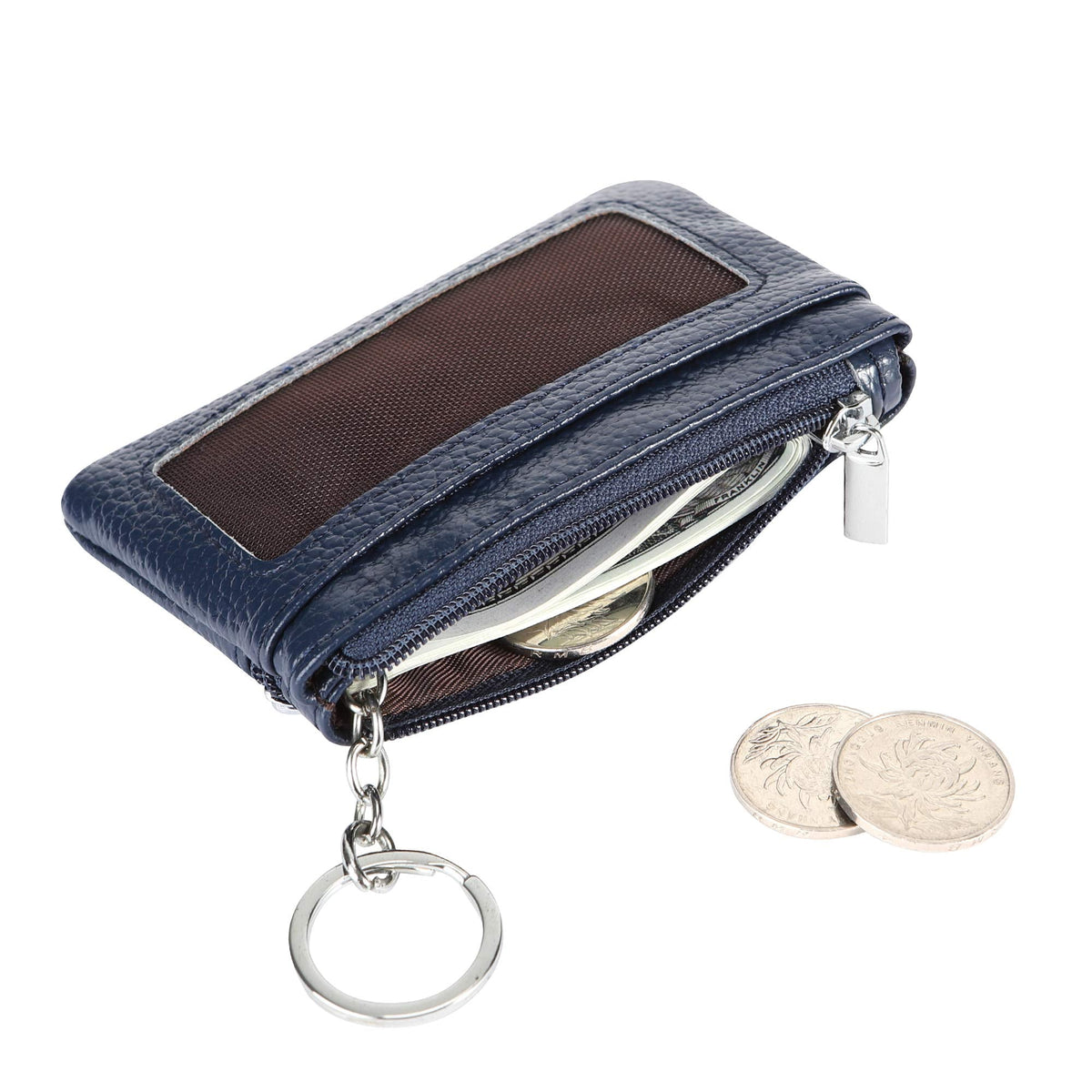 Women Genuine Leather Keychain Zipper Change Wallet Small Mini Pocket Size Coin Purse, Navy