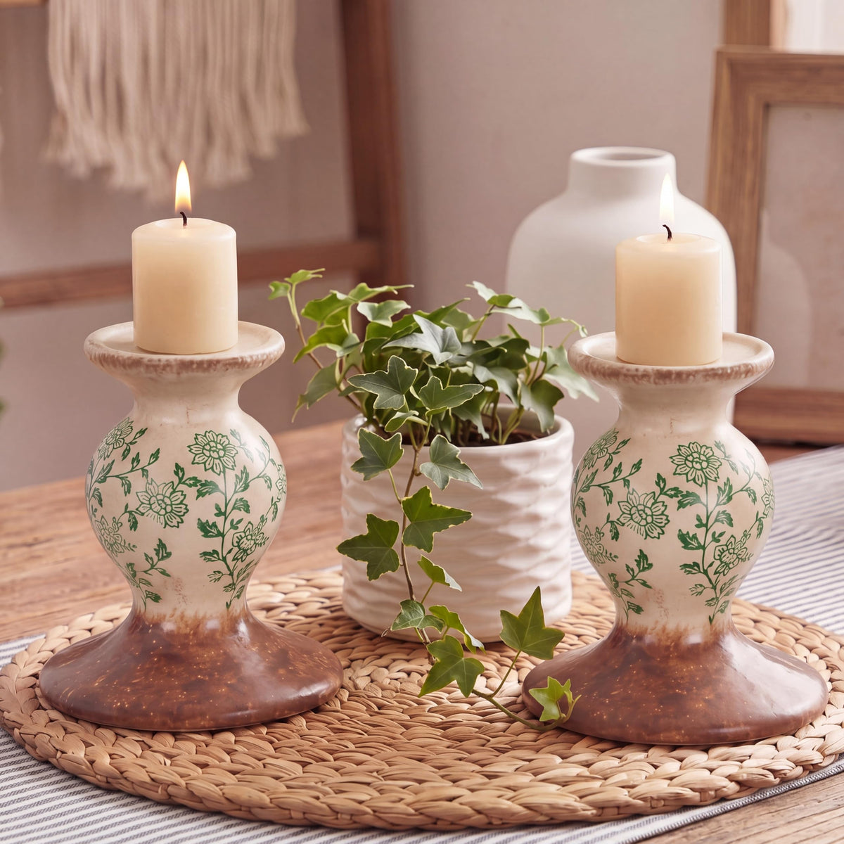 Patelai 2 Pcs Terracotta Pillar Candle Holders Floral Sculptural Taper Candlestick Rustic Farmhouse Decorative Candleholders Pedestal Stand for Table Centerpiece Wedding Home Tabletop Decor