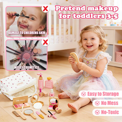 Treasdamic Wooden Makeup Toy Set for Girls - Pretend Play Makeup Kit for Toddlers 3-5 with Eyeshadow/ Mascara/ Perfume/ Blush/ Mirror/ Bag, Birthday Gifts for Girls Toys Kids Aged 3 4 5 6 7 8