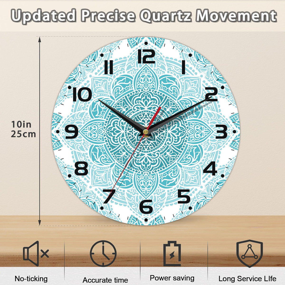Teal Mandala Flower Wall Clock, Silent Non-Ticking, Battery Operated, Wooden Decorative Round Clock with Arabic Numerals, 10 Inch