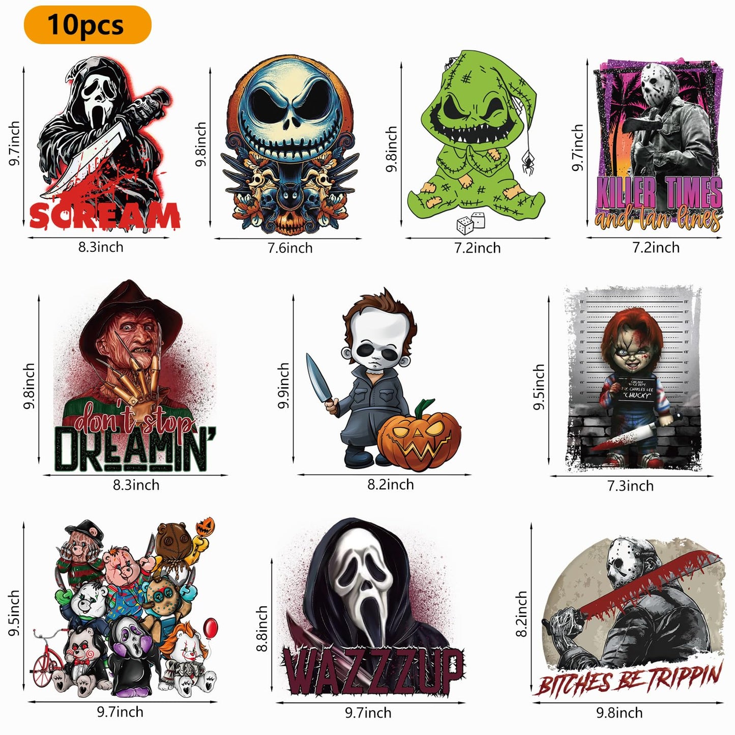 SUMELAY 10 Sheets Halloween Iron on Patches, Heat Transfer Vinyl, Iron on Decals, Horror Movie Characters Sticker for T-Shirt Clothes Bag Pillow Covers DIY Decorations