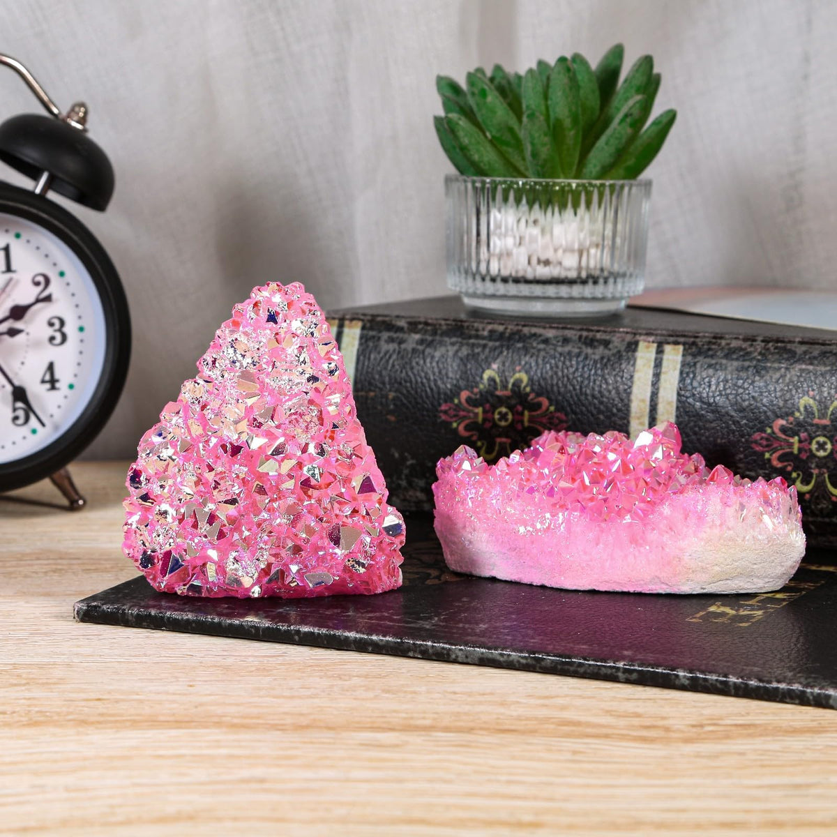 mookaitedecor Natural Clear Quartz Crystal Cluster Titanium Coated Geode Stone Self-Standing Rock Quartz Mineral Specimen for Healing Home Office Decor, Pink