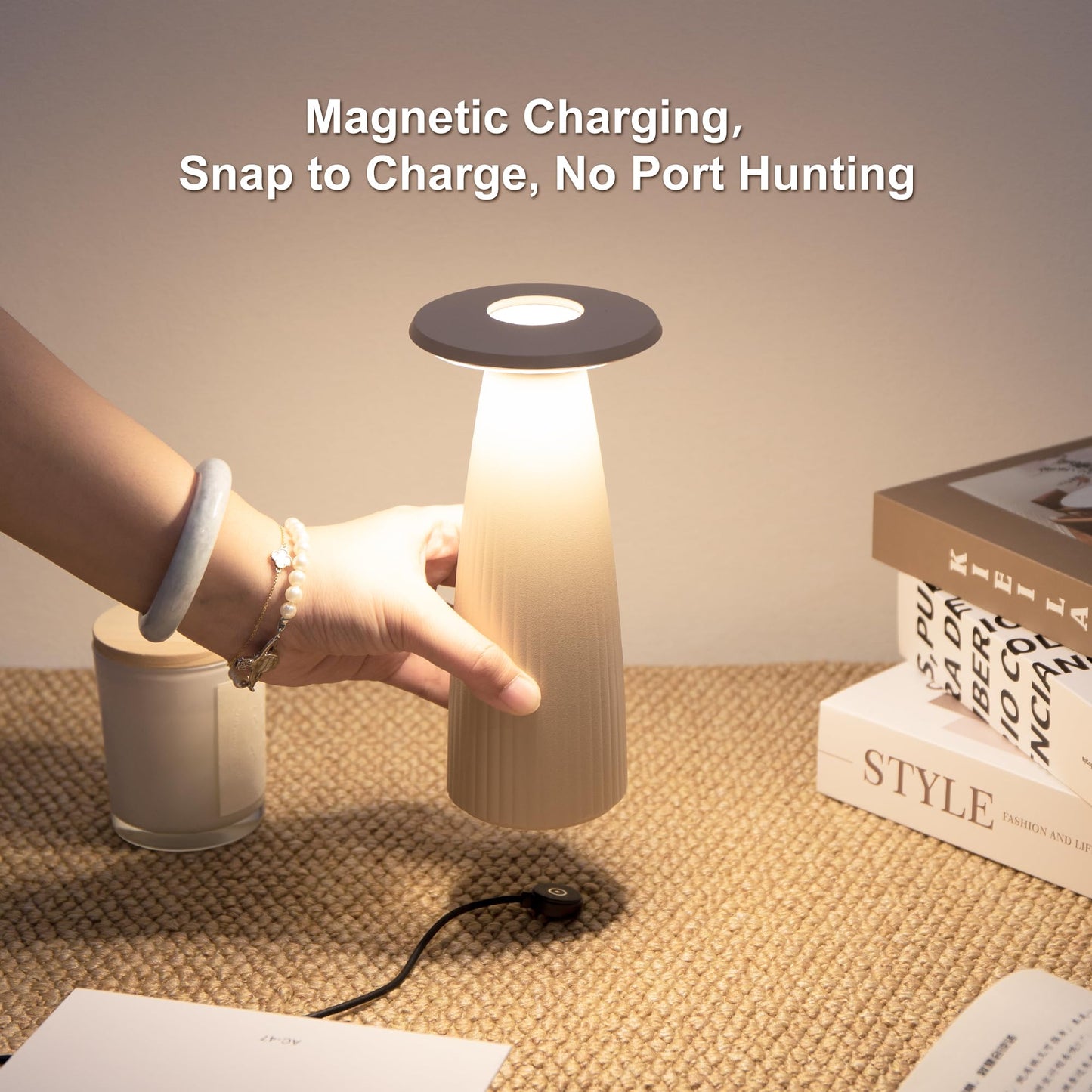 UBIQUA 2-in-1 Cordless Table Lamp - Flora MINI, Vase Lamp with Magnetic Charging, Dimmable & Adjustable Lighting, IP65 - Rechargeable LED Lamp for HoReCa, Living Room, Outdoor Use (Sand)