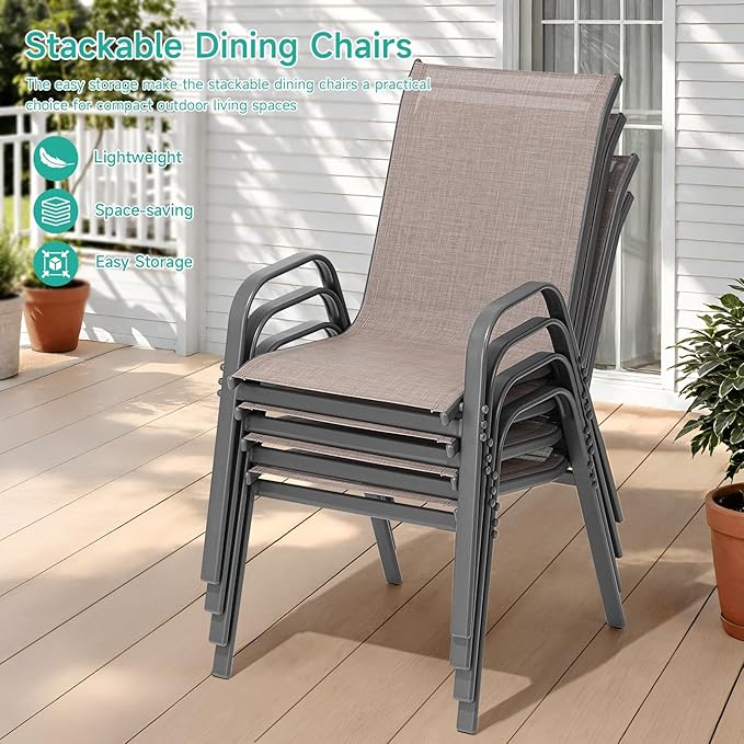 Patio Chairs Set of 6, Easily Set Up Stackable Outdoor Dining Chairs with High Back and Wide Seat, All Weather Breathable Outdoor Chairs Set of 6 with Metal Frame for Backyard Deck Pool, Brown