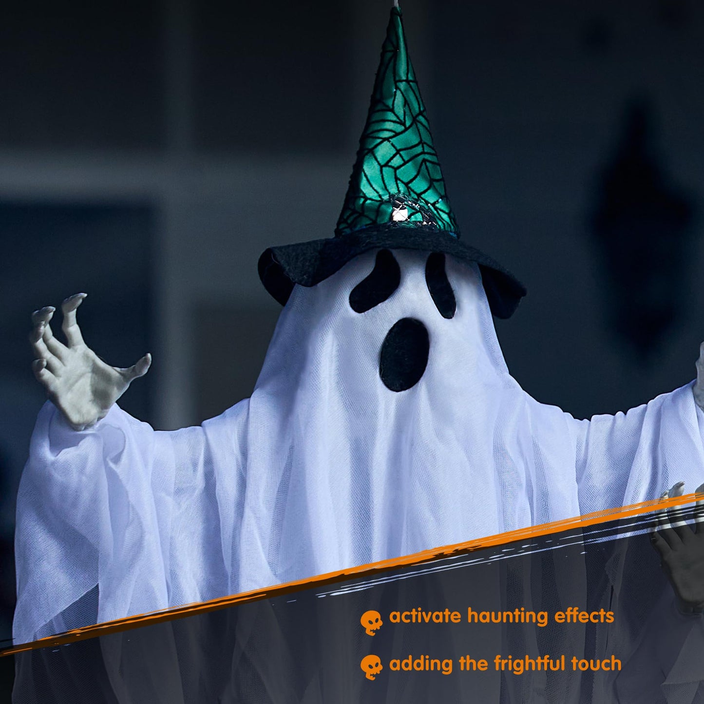 JOYIN 3 Pack 24.8" Halloween Hanging Ghost Decorations, Halloween White Flying Ghost with Hats for Haunted House Graveyard Scene, Spooky Indoor and Outdoor Decor