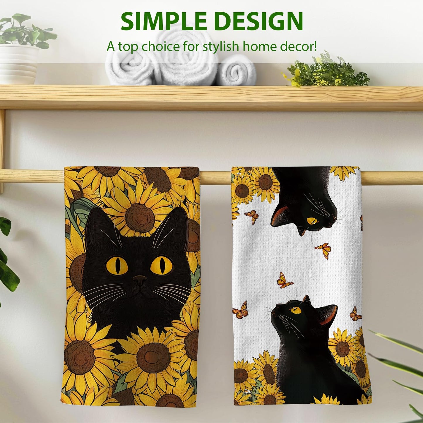 PIUFAM Black Cat Kitchen Towels, Cat Lover Gifts for Women, Floral Hand Towels for Bathroom, Decorations for Home Birthday Party, Waffle Dish Towels Gifts for Christmas Thanksgiving 26x17in, 2 Pack