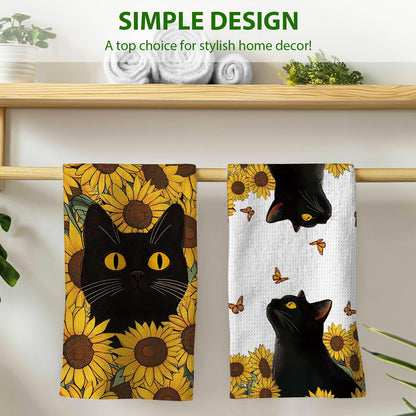 PIUFAM Black Cat Kitchen Towels, Cat Lover Gifts for Women, Floral Hand Towels for Bathroom, Decorations for Home Birthday Party, Waffle Dish Towels Gifts for Christmas Thanksgiving 26x17in, 2 Pack