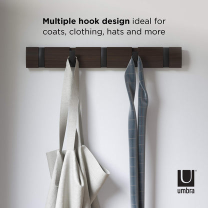 Umbra Flip Wall-Mounted Coat Rack with 5 Hooks – Modern, Space-Saving Storage for Hats, Jackets, Bags, Entryway, Mudroom, Closet, Bathroom, Bedroom – Black/Walnut