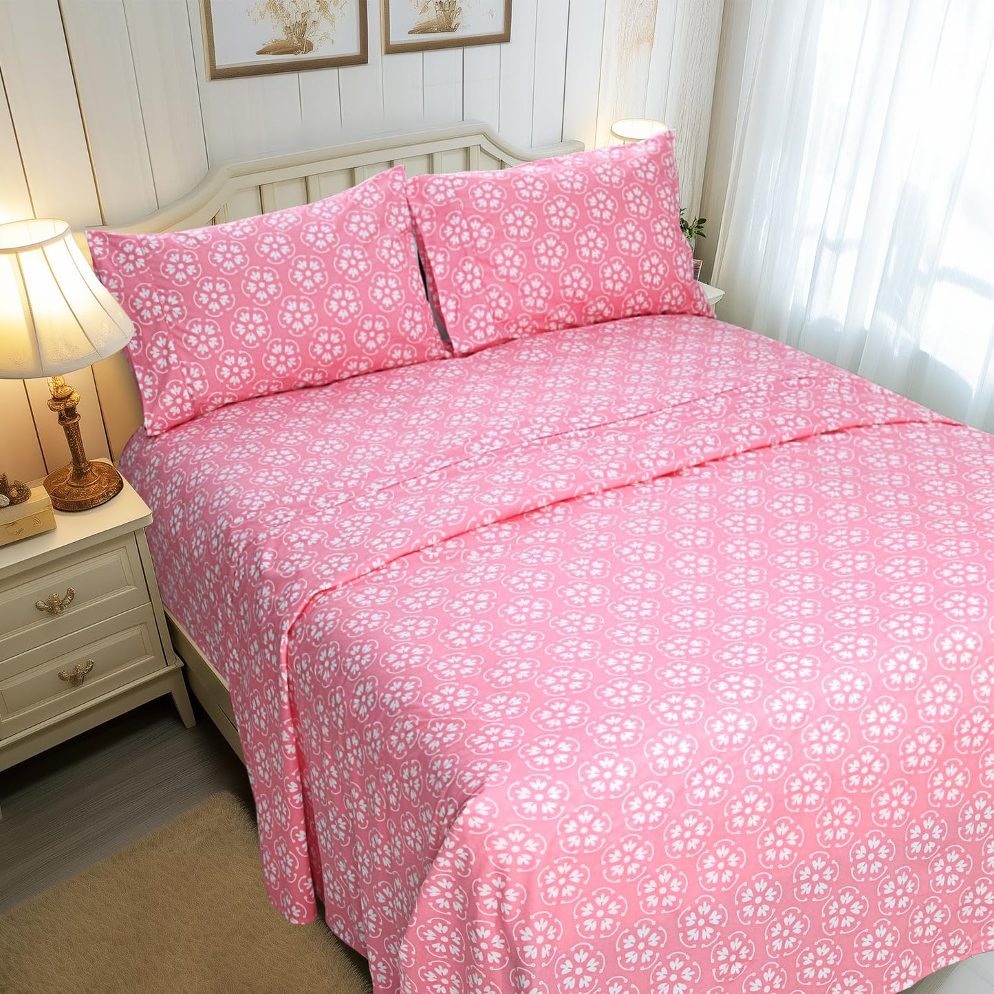 Marquess Microfiber Flannel Sheet Set - Ultra Soft Printed Bedding Collection, 16 Inches Deep Pocket, Flannel Bed Set Includes 1 Flat Sheet, 1 Fitted Sheet & 2 Pillowcases (Queen, Pink Blossom)