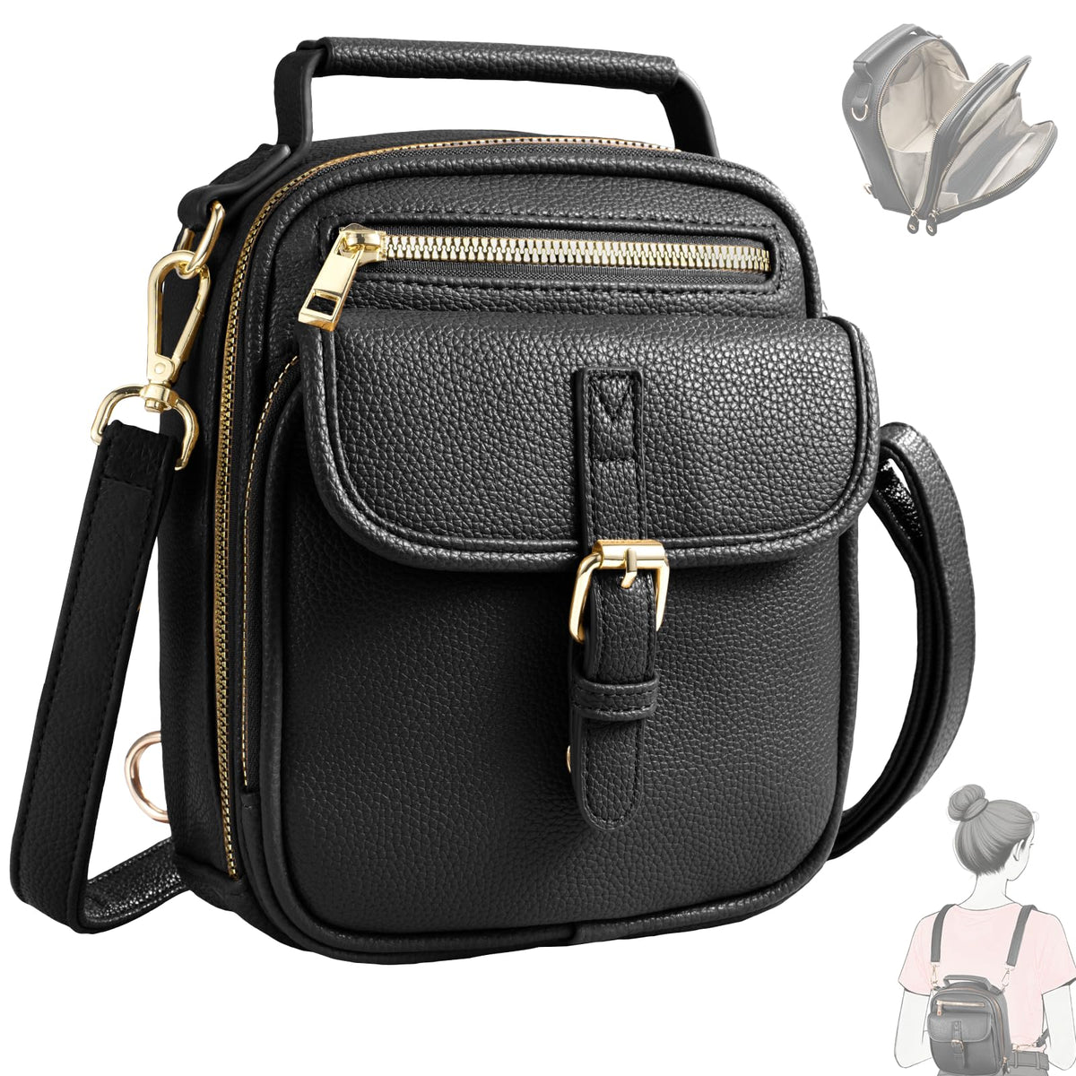 crawing Vegan Leather Crossbody Bag for Women with 2 Straps, Small Messenger Bag with Wallet, Anti Theft Shoulder Bag (Black)