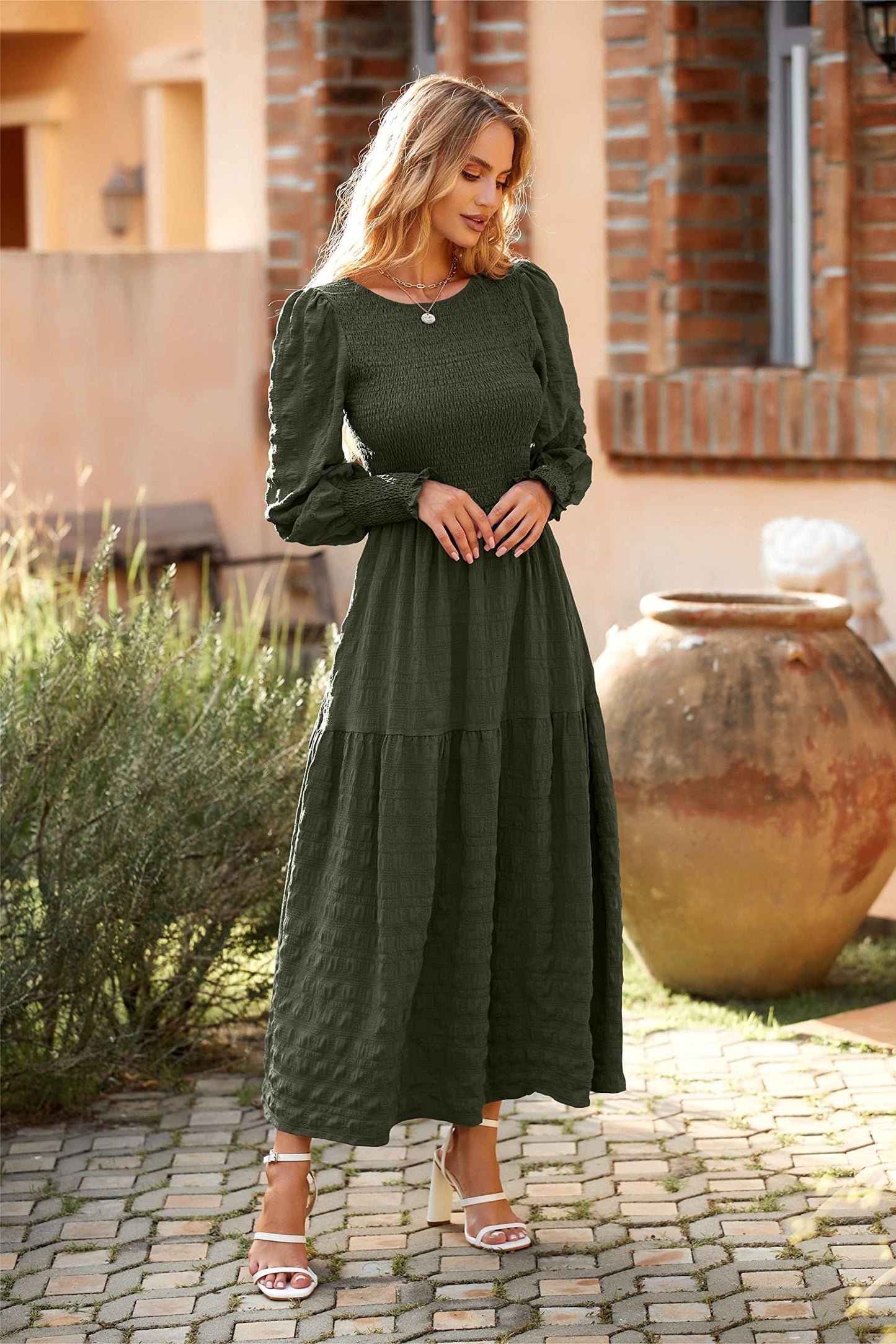 PRETTYGARDEN Women 2025 Spring Puff Long Sleeve Crewneck Smocked Maxi Dress Empire Waist Tiered A-line Swing Flowy Long Dress(Army Green,Small)
