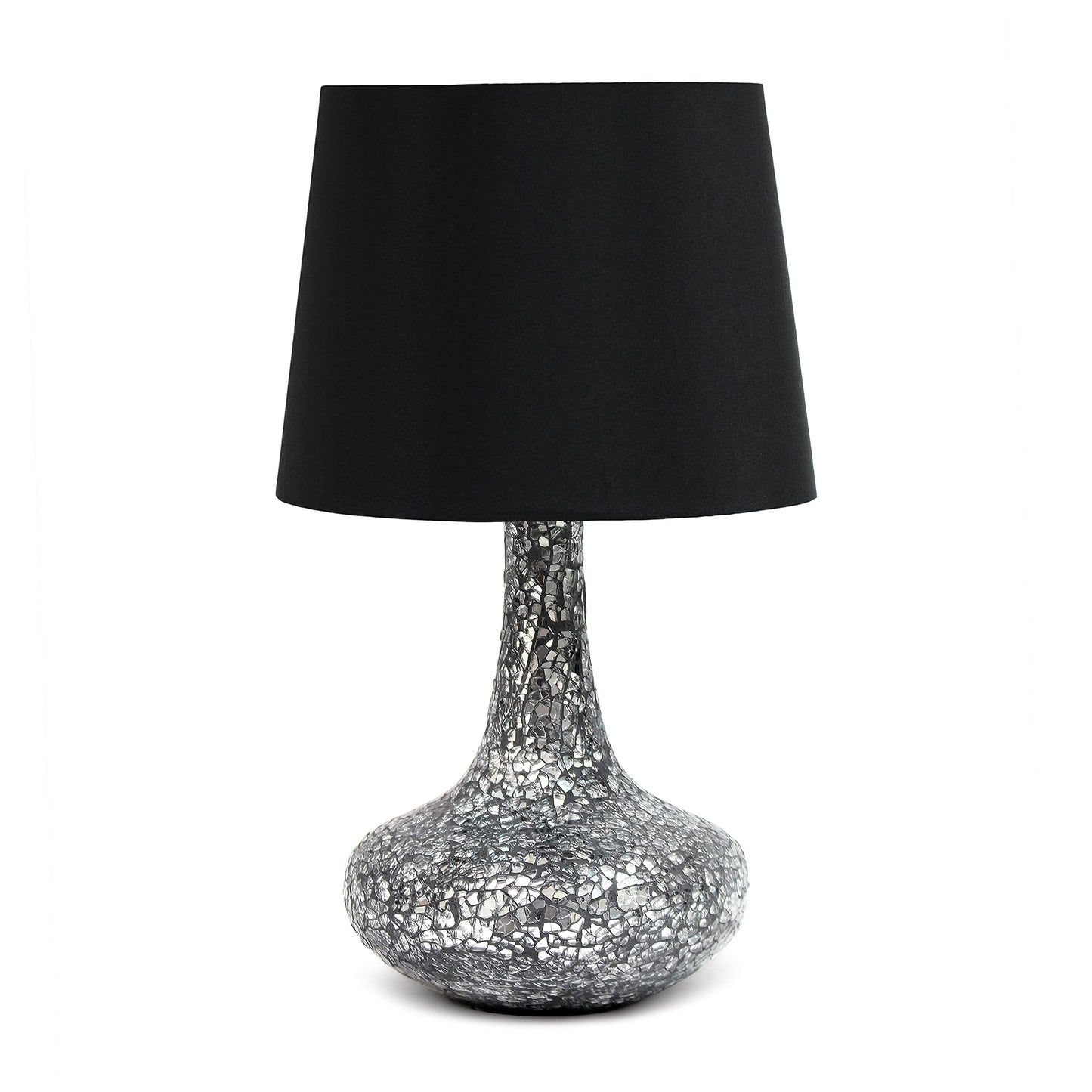 Simple Designs LT3039-BLK 14.17” Contemporary Mosaic Tiled Glass Genie Standard Table Lamp with Matching Fabric Shade for Home Décor, Bedroom, Living Room, Foyer, Office, Black/Silver