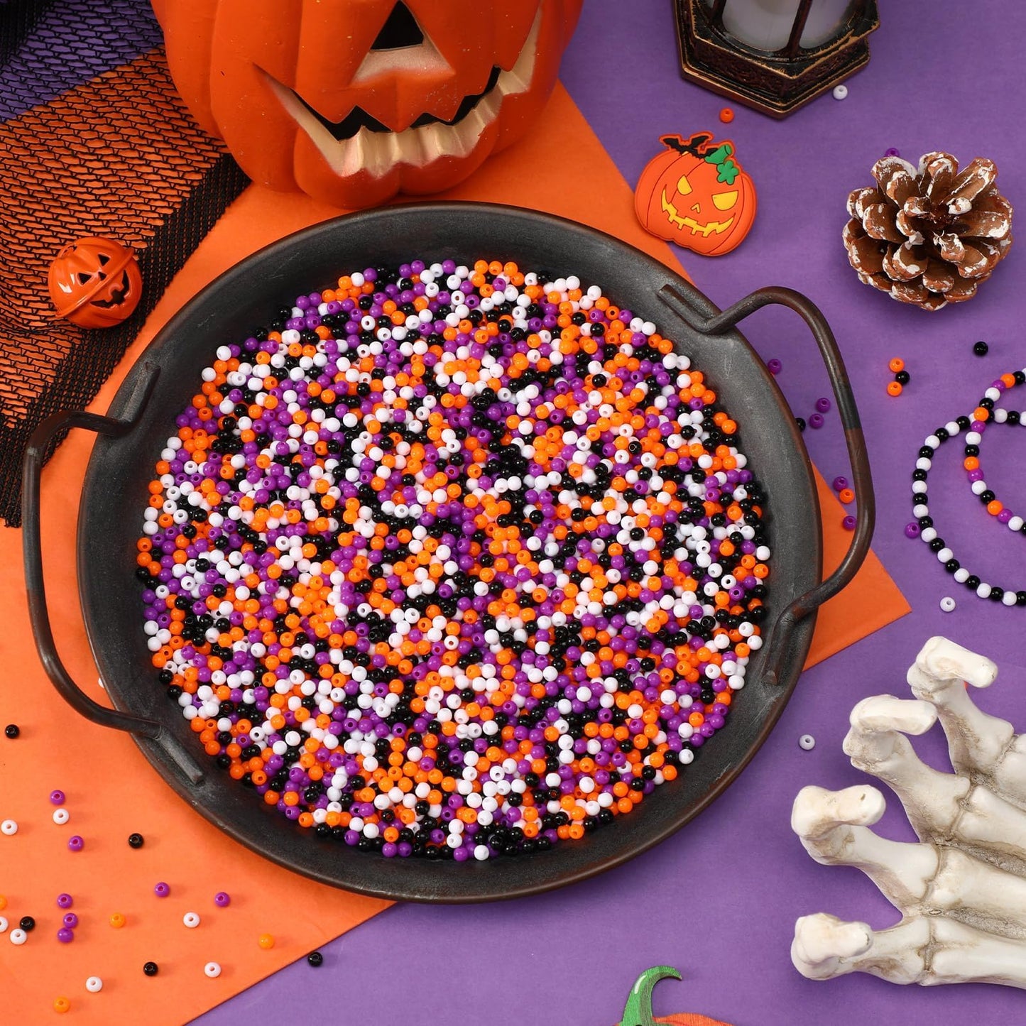 Halloween Beads, 1200Pcs Halloween Spacer Beads 4mm Round Small Craft Beads for DIY Bracelets, Orange & Purple & Black & White