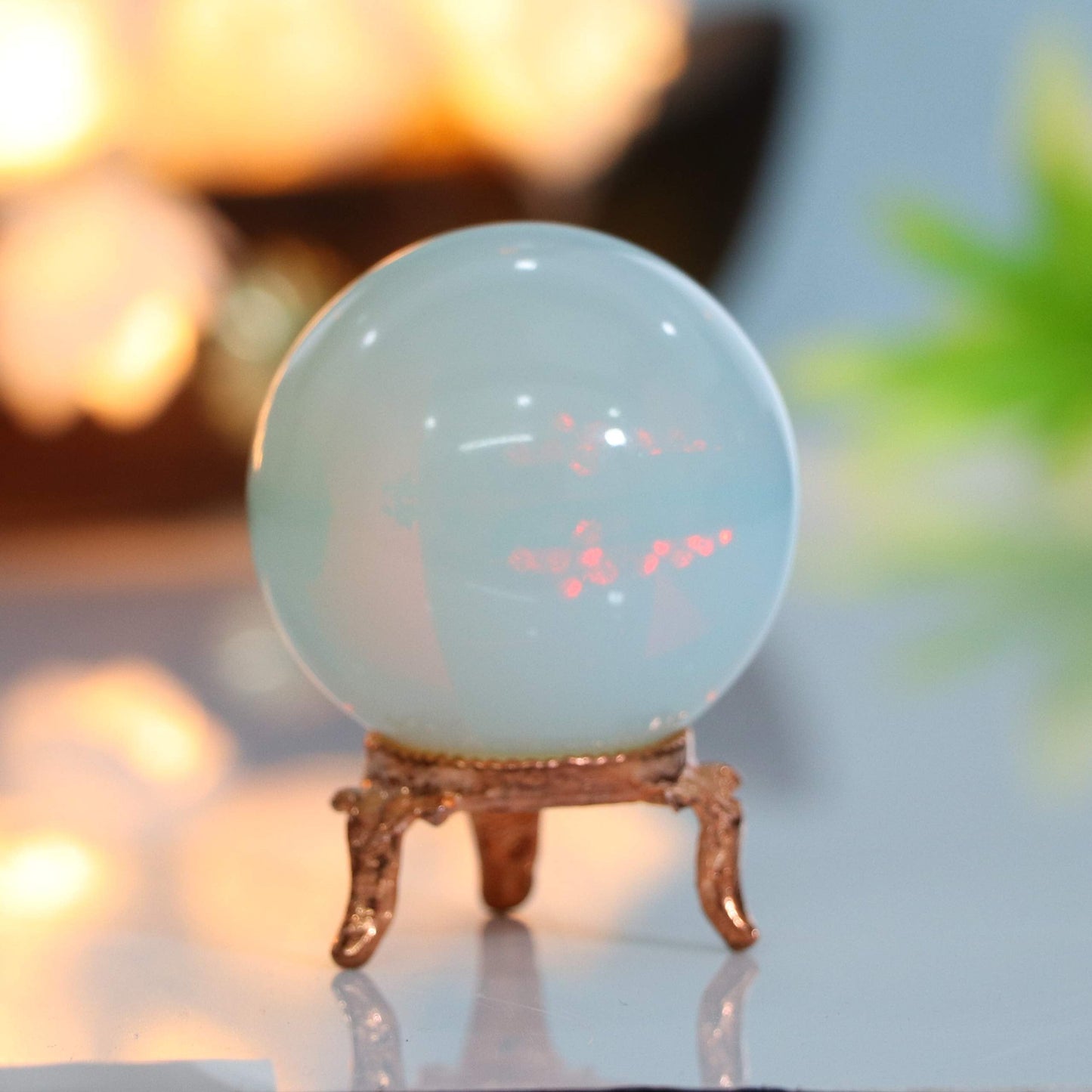 Crocon 45mm Opalite Stone Sphere Ball with Metal Stand 1400+ Carats Gemstone Ball Healing Sphere Sculpture Figurine for Fengshui Divination Home Decoration Photography Crystal Sphere