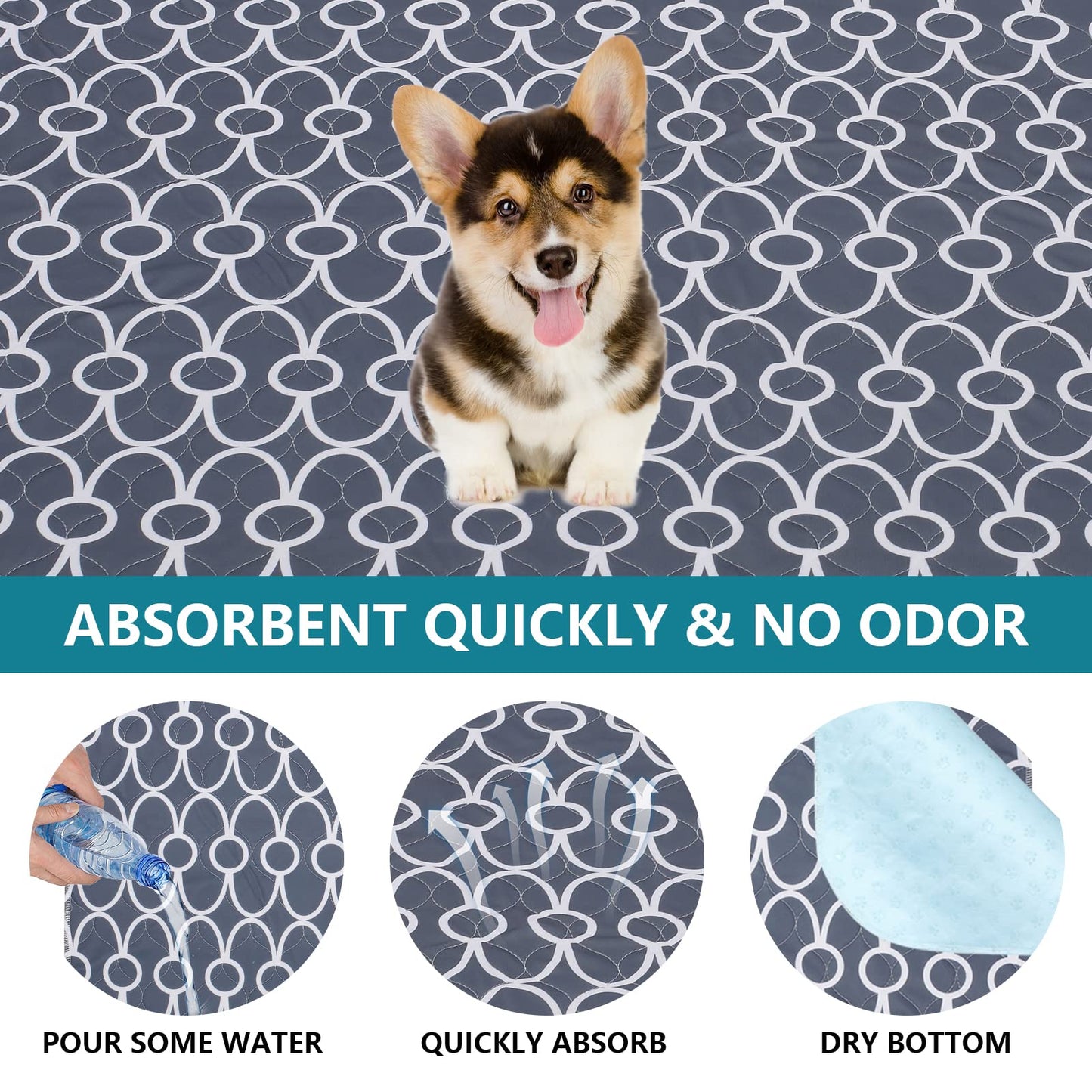 Geyecete Washable Dog Pee Pads (2pack), few Layers Design Waterproof/Soft/Super Absorbing/Anti-Slip Machine Washable, Reusable, Travel Pet Pee Pads! Puppy Training pads-Gray-M