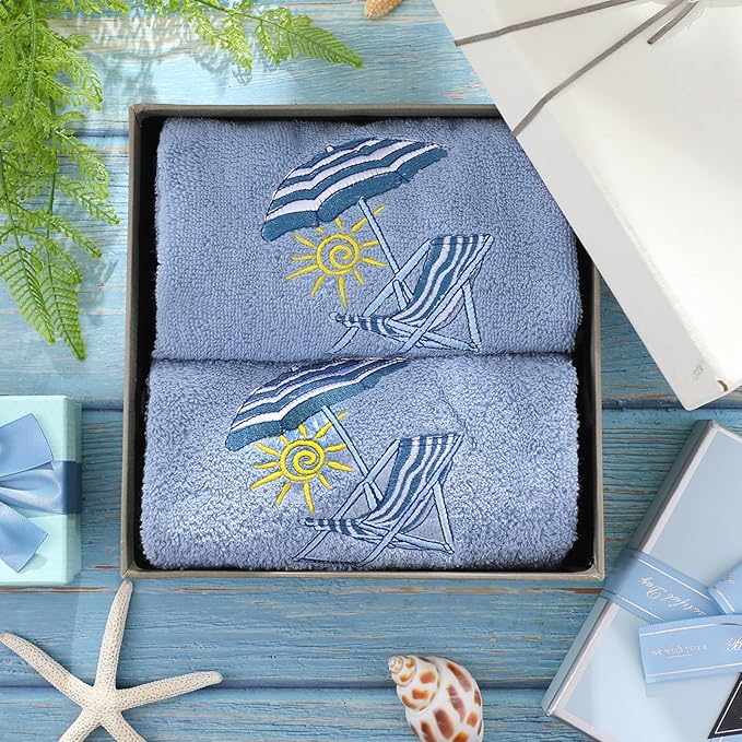 2 Pcs Beach Chair Hand Towels Slate Blue Bathroom Decor 14x29 Inch Embroidered