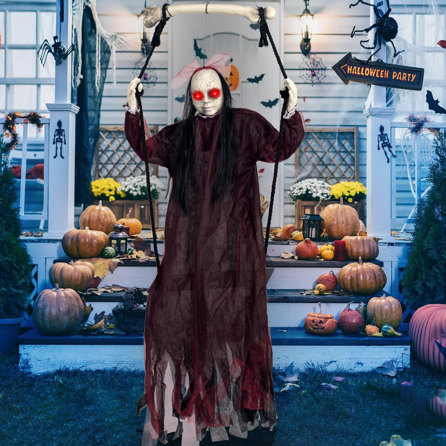 KEUCL Halloween Decorations, Hanging Swing Ghost with Voice Activated, Creepy Sound/Light Up Eyes, Halloween Animatronics Spooky Haunted House Holiday Prop for Outdoor Indoor Yard Garden Patio Trees