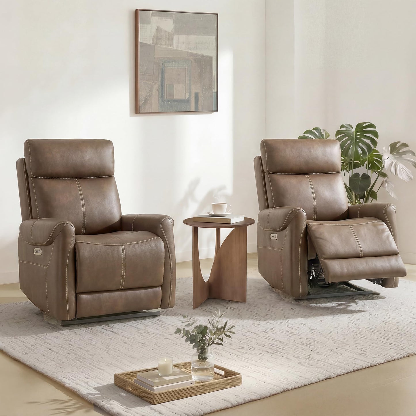 KISLOT Leather Recliner Chair Set of 2, Wall Hugger RV Recliners with USB Charging Ports Electric Power Reclining Sofa for Living Room Home Theater Seating Bedroom