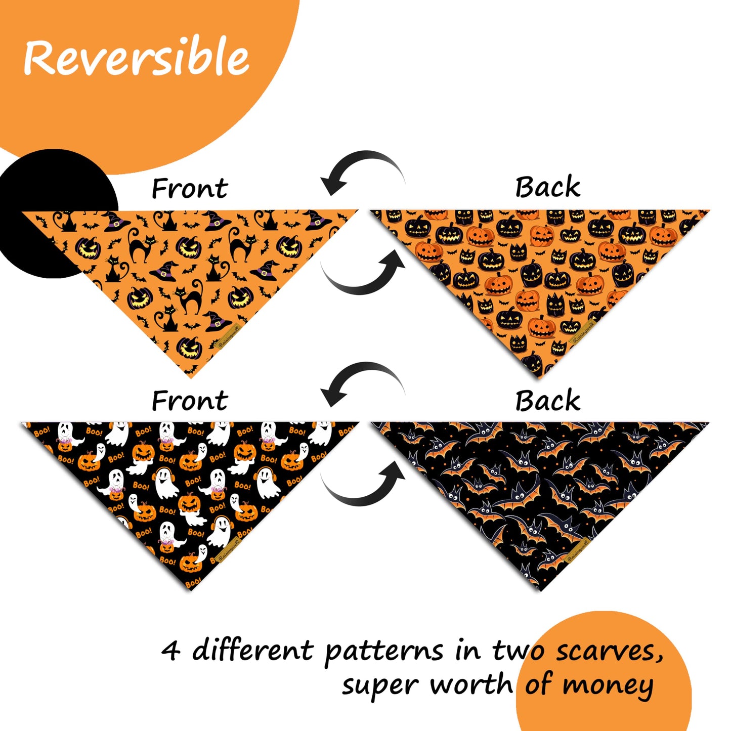 Raisingwell Halloween Dog Bandanas - 2 Pack Bat & Pumpkin Pattern Dog Bibs - Reversible, Washable & Durable - Suitable for Small to X-Large Breeds - Unisex