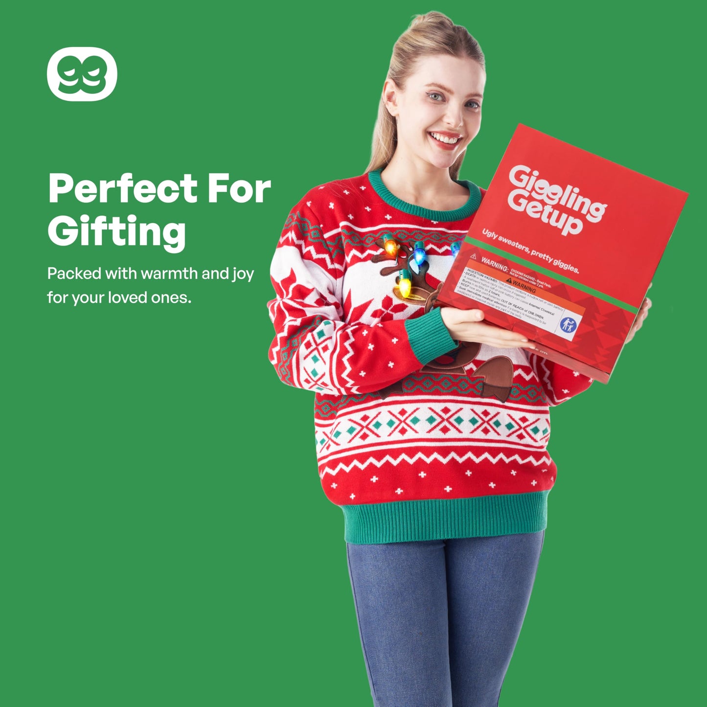 Giggling Getup Ugly Christmas Sweater for Women, LED Light Up Christmas Reindeer Ugly Sweater, Holiday Pullover for Women Red