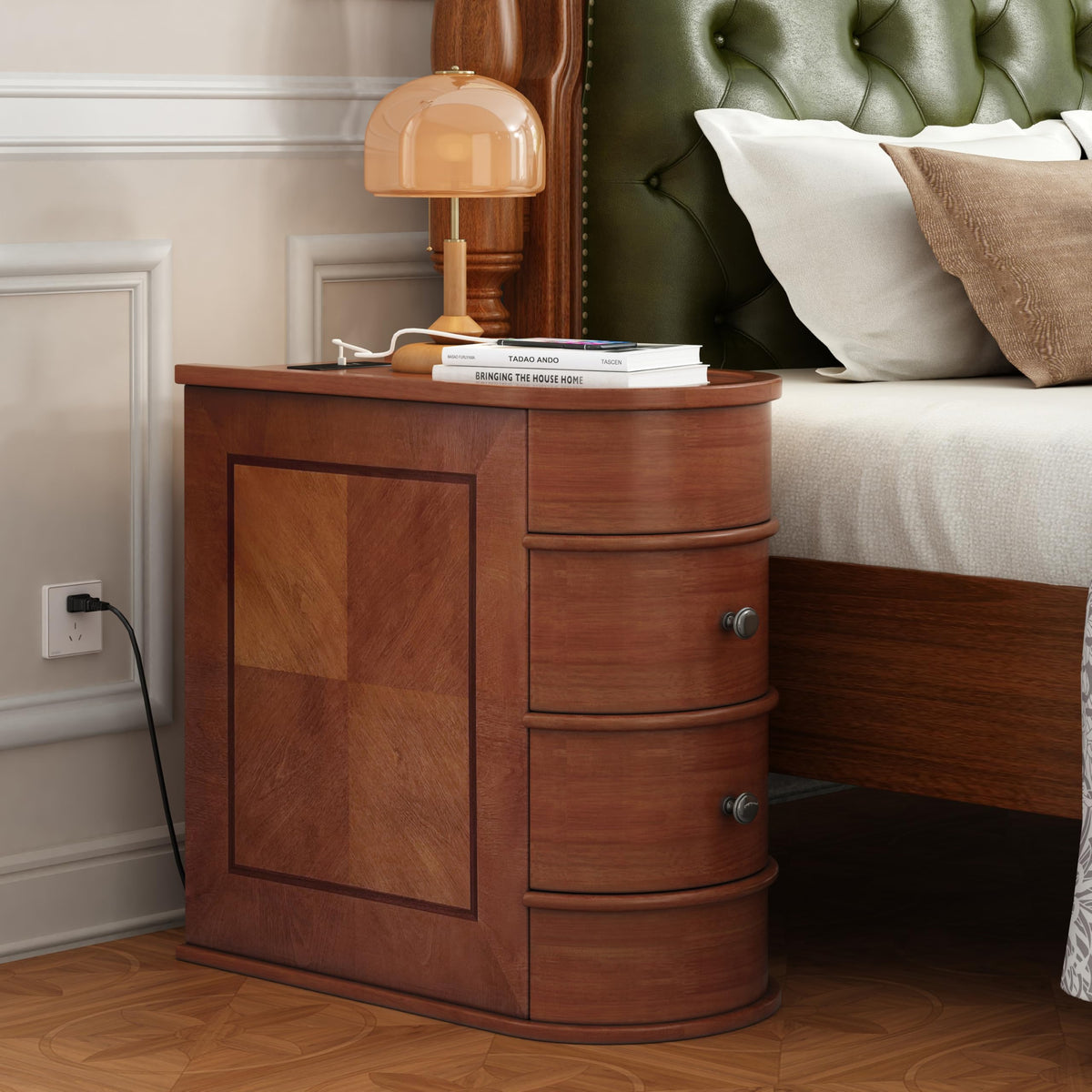 FAVSH Narrow End Table with Charging Station, Brown