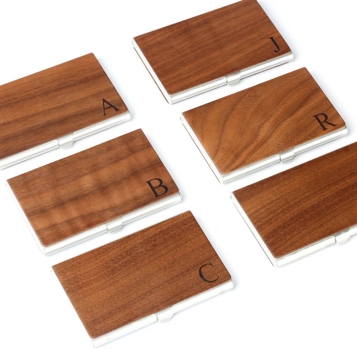 Prophet Clue PC Business Card Holder Walnut Wood & Stainless Steel Business Card Case with Engraved A-Z Initial (B)