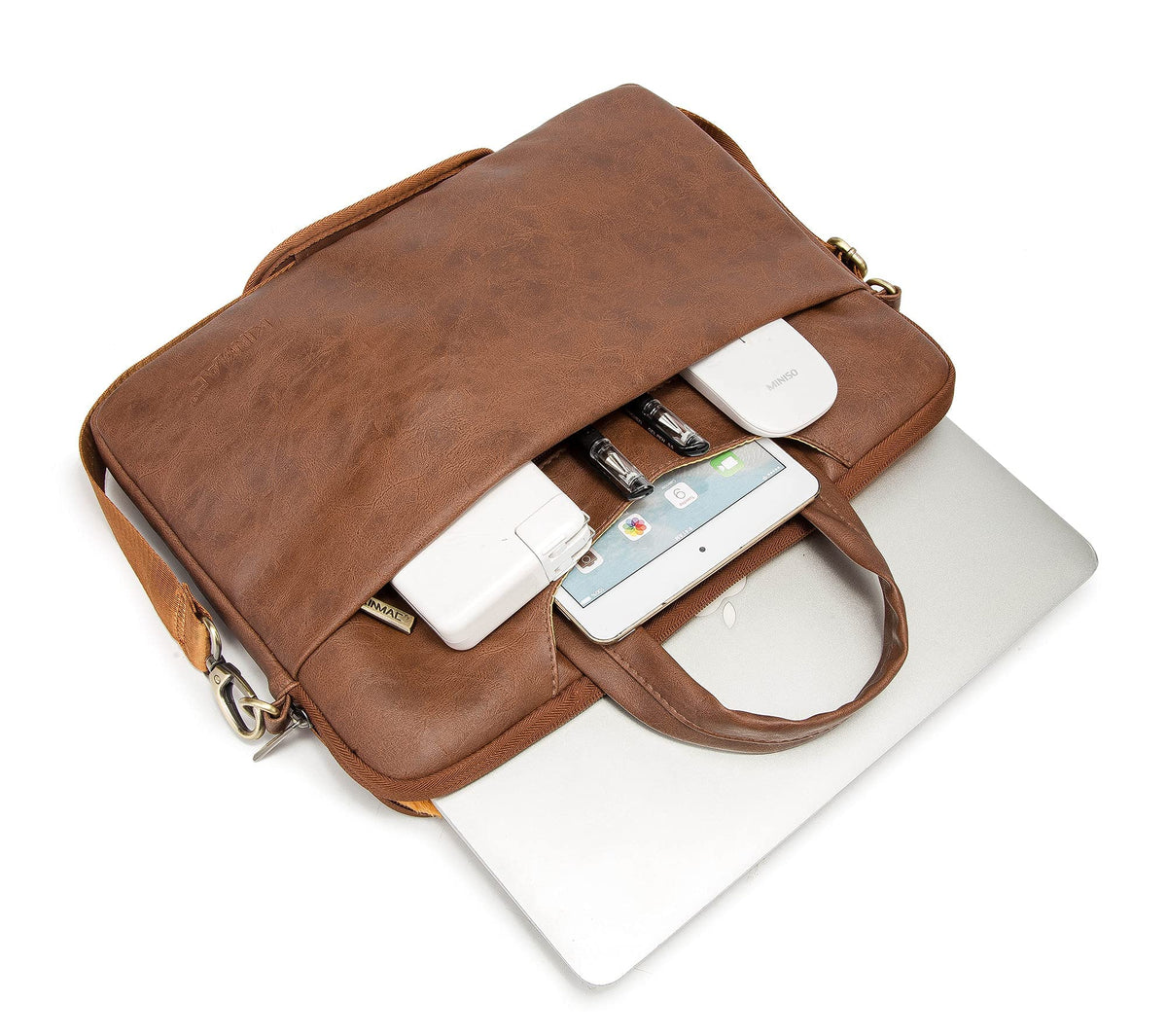 Kinmac 360° Protective Waterproof PU Leather Laptop Shoulder Messenger Sleeve Briefcase case Bag (13 inch-14 inch, Coffee PU)
