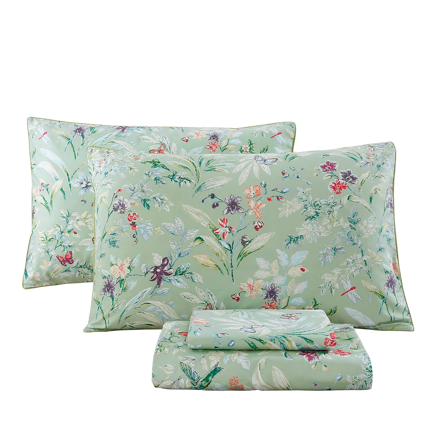 URBONUR Garden Floral Sheets Set Sage Green 4Pcs Queen Size, Egyptian Cotton Silky Cooling Bed Sheets Set, Wrinkle Resistant Deep Pocket 16 Inches (Queen, Green Leaves Butterfly & Floral)