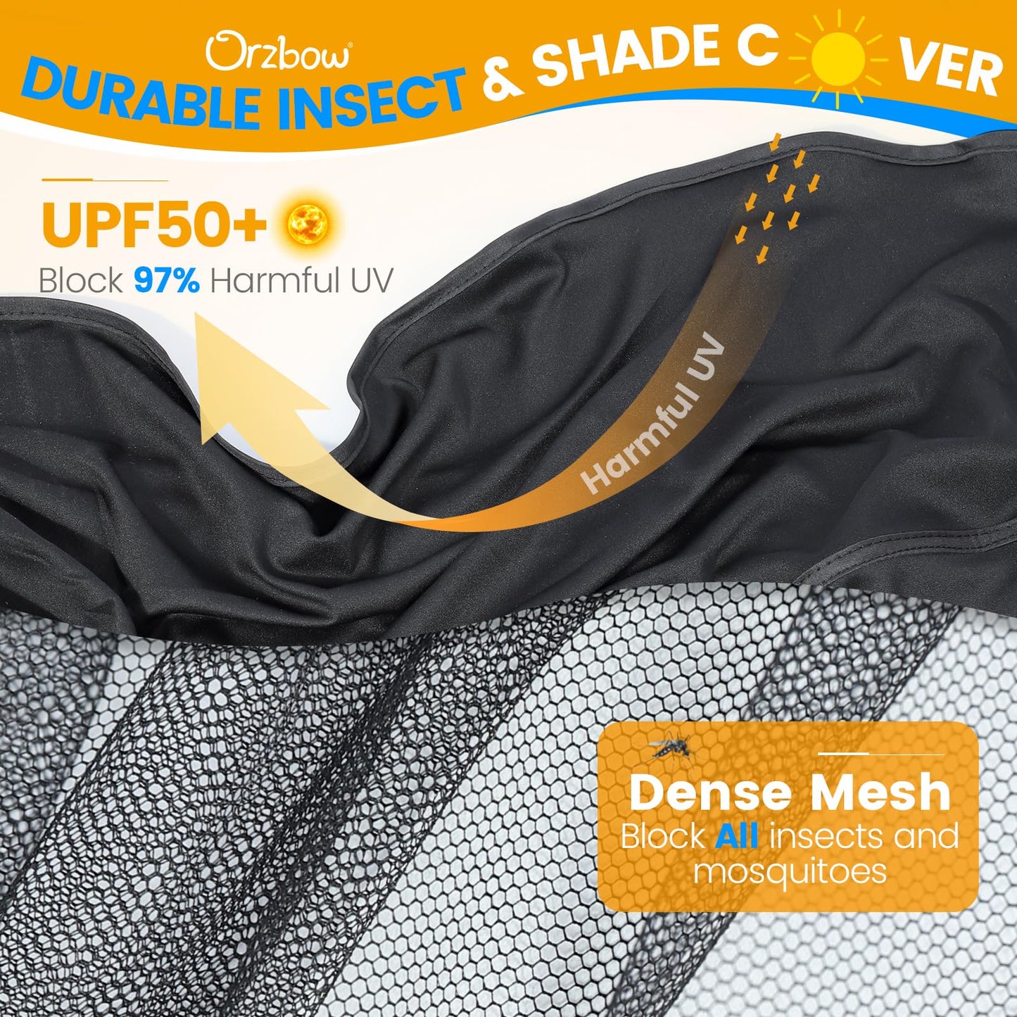 Orzbow Universal Mosquito Net for Pram, Breathable Pram Sun Shade w/UPF 50+, Pram Mosquito Net w/Blackout Cover, Two Way Zipper for Easy Access (Black)