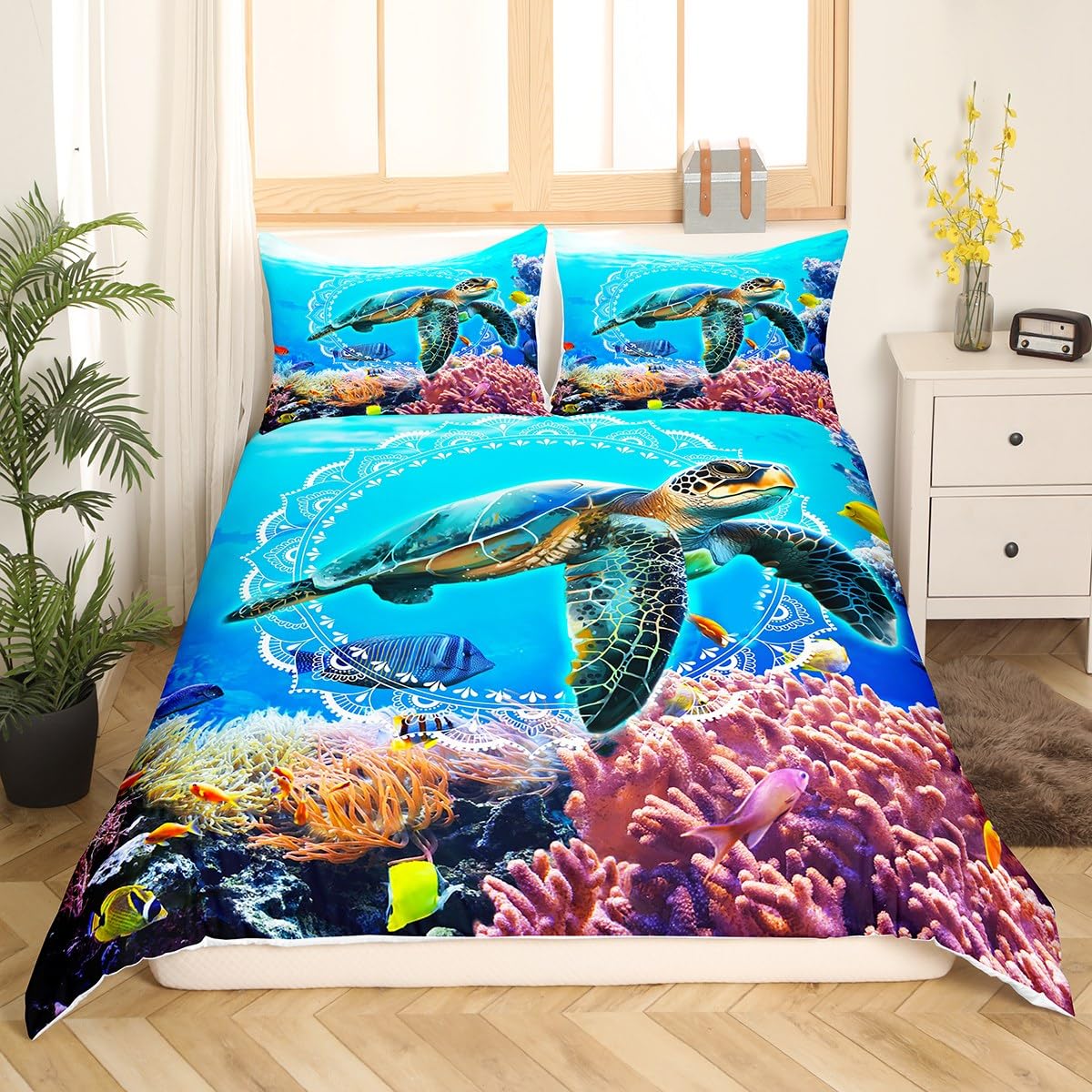 Sea Turtle Duvet Cover Queen Size,Hawaii Tropical Fish Marine Life Bedding Set 3pcs for Kids Teens Boys Girls Room,Animal Plants Comforter Cover Mystic Deep Sea Quilt Cover with 2 Pillowcases,Blue