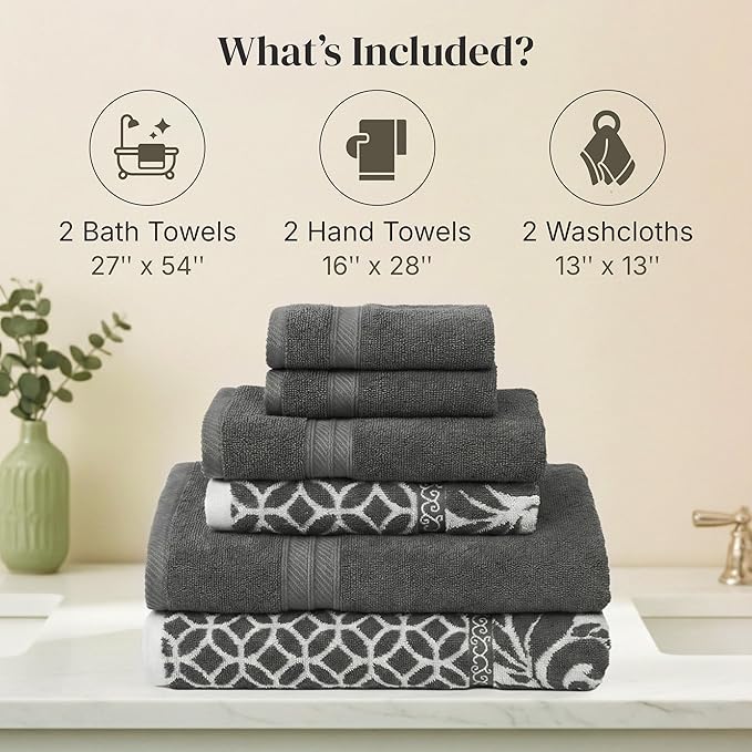 Modern Threads Trefoil Filigree 6-Piece 100% Cotton Towel Set – Reversible Yarn