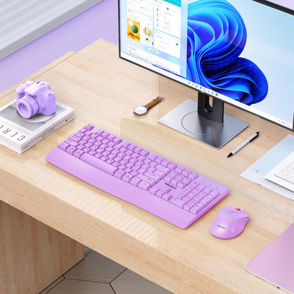 MEETION Wireless Keyboard and Mouse, Full-Sized Cordless Keyboard with Wrist Rest and 3 DPI Adjustable Mouse, Keyboard and Mouse Set with 2.4GHz USB Receiver, for PC/Computer/Laptop/Windows/Mac, Pink