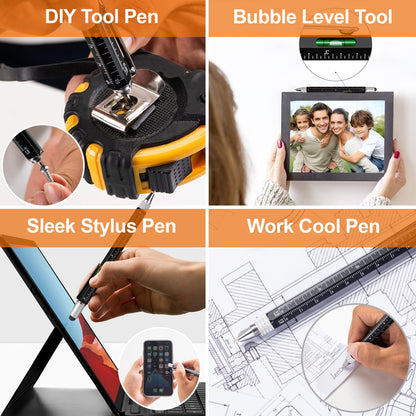 Magnetic Pickup Tool and 6 in 1 Multitool Pen with Touch Screen Stylus, Rulers, Bubble Level, Flathead, Phillips Screwdriver, Ballpoint Pen, BIrthday Gifts for Men, Him, Dad, Mechanic, Women, 2Pack