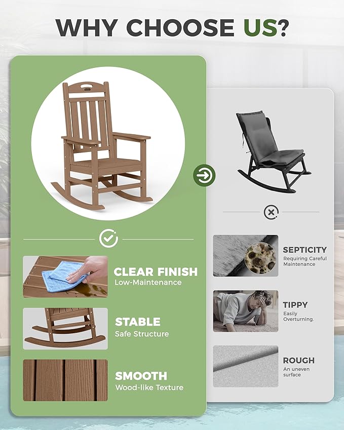 Oversized Rocking Chairs Outdoor Set of 2, High Back Porch Rocking Chair, HDPE All Weather Resistant Patio Chairs, 380lbs Weight Capacity, Teak