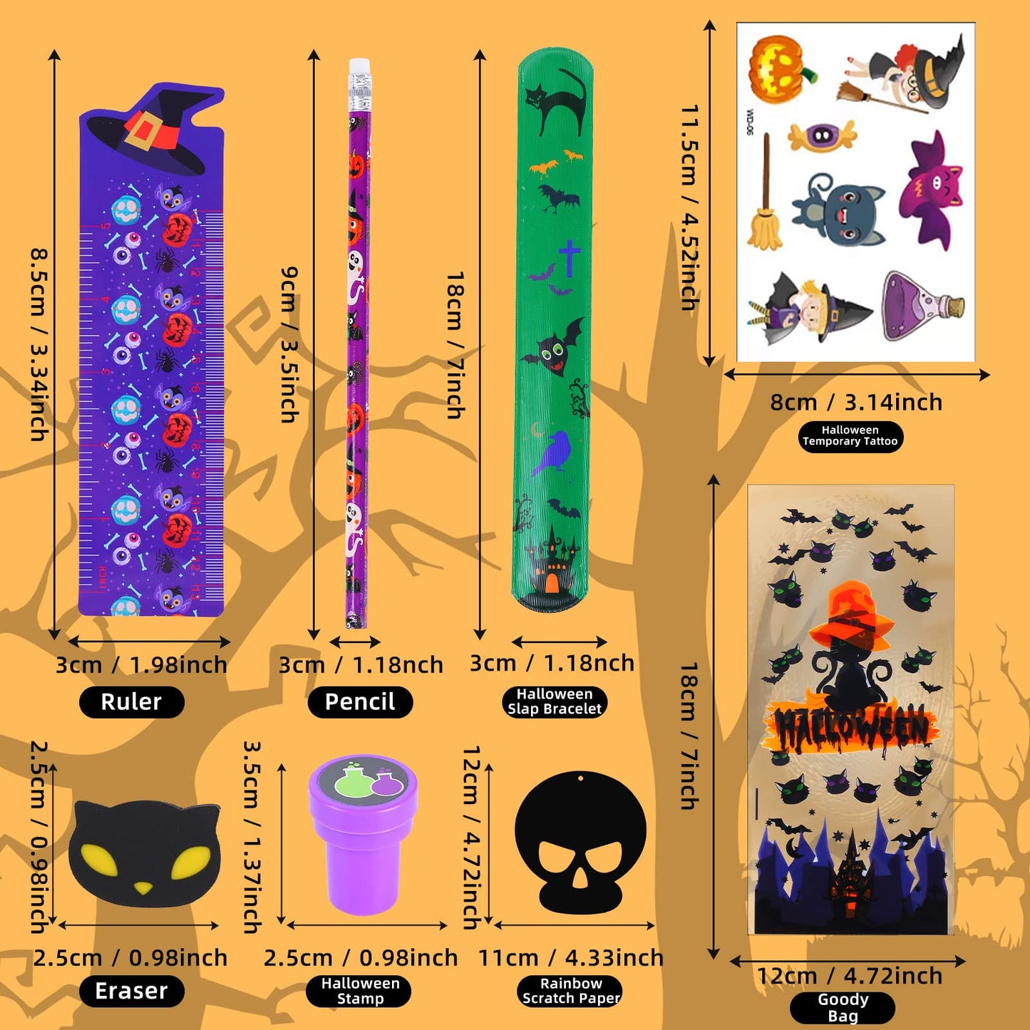 192 Pcs 24 Pack Assorted Halloween Stationery, Party Favors for Kids, Goodie Bags Stuffers Set Including Pencils, Rulers, Stamps and Erasers in Trick or Treat Bags