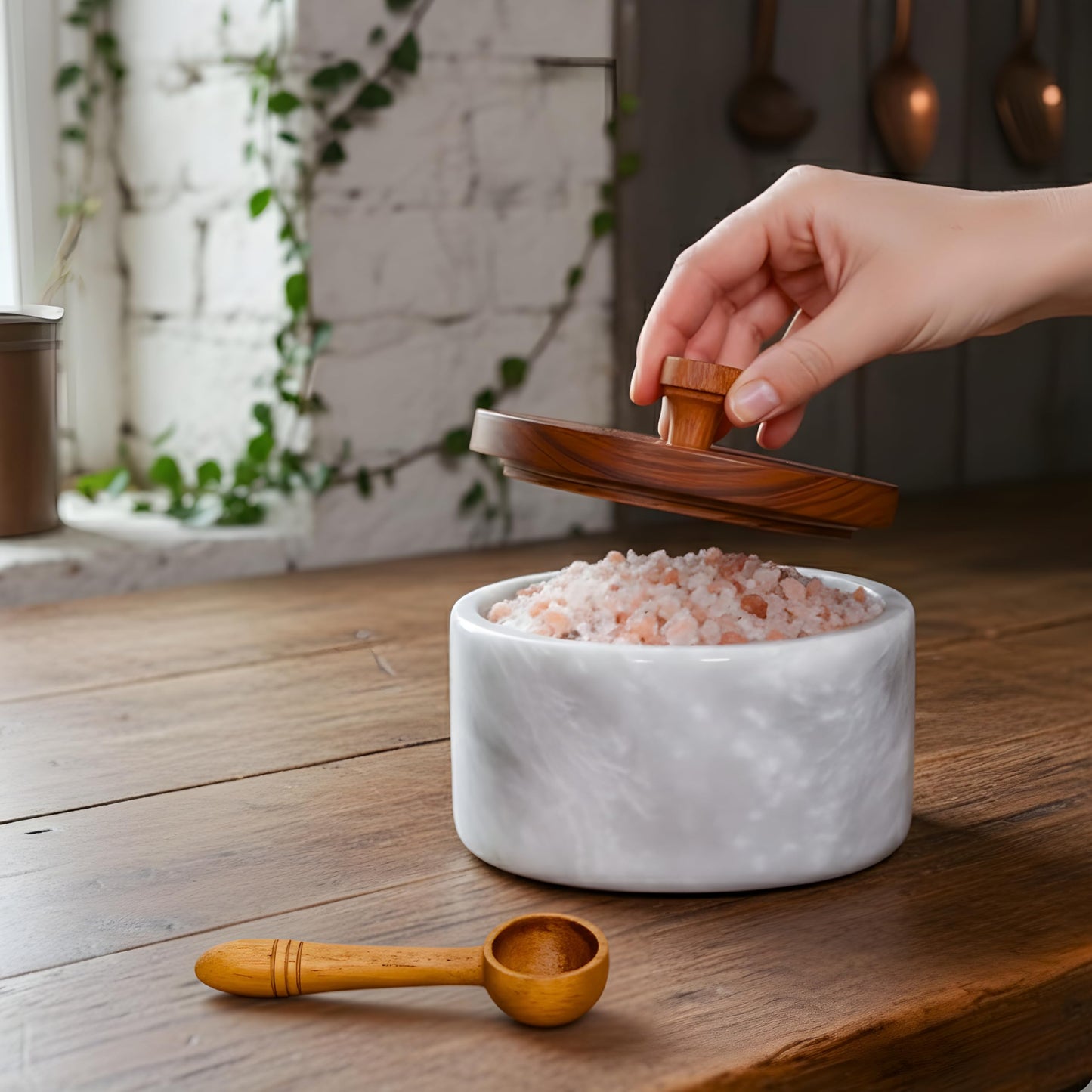 Marble salt cellar with lid and spoon, salt container with spoon, salt bowl with acacia wood lid, salt holder for countertop, salt jar - White