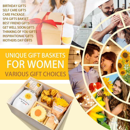 Gift Baskets for Women, Sending Sunshine Sunflower Care Package for Women, Thank You, Get Well, Sympathy Inspirational Friendship Christmas Gifts for Mom Her Sister Friends Wife, Self Care Spa Basket