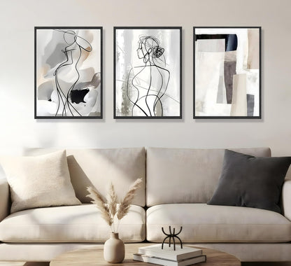 3pcs Black White Abstract Line Wall Art Female Figure Silhouette & Geometric Elements Pictures Posters Modern Minimalist Canvas Paintings Wall Decor For Living Room Bedroom Decoration Unframed