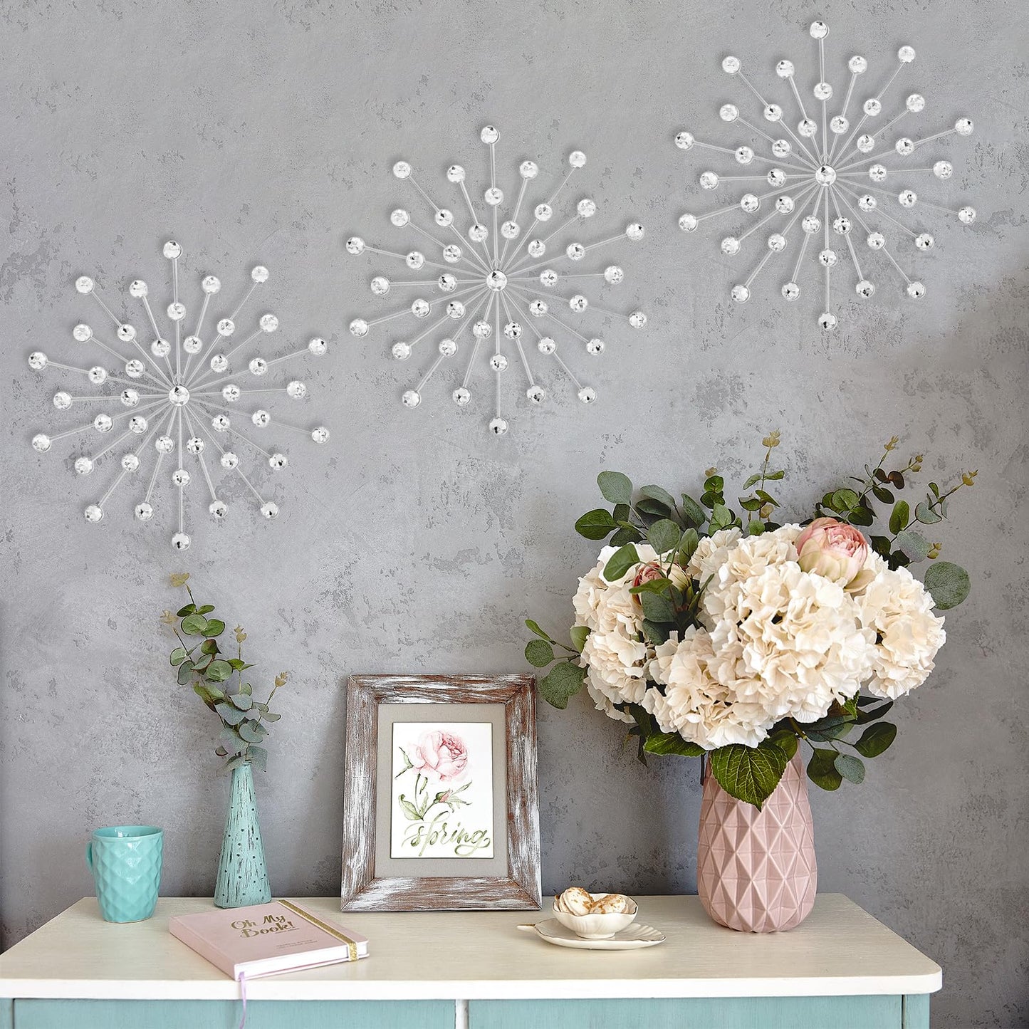 SIYIKRYP Set of 3 Crystal Sunburst Wall Decor – 11.8" Silver Metal Wall Art with Rhinestone Accents – Modern 3D Starburst Hanging Ornaments for Living Room, Bedroom, Office