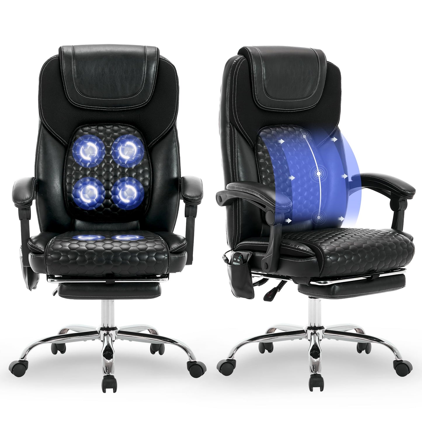 MALOL Massage Office Chair with 3-Level Heat and Footrest – 20-Min Easy Assembly, 300 lbs Big and Tall Desk Chair, PU Leather Ergonomic Executive Computer Chair with Side Pocket, Black,Set of 2