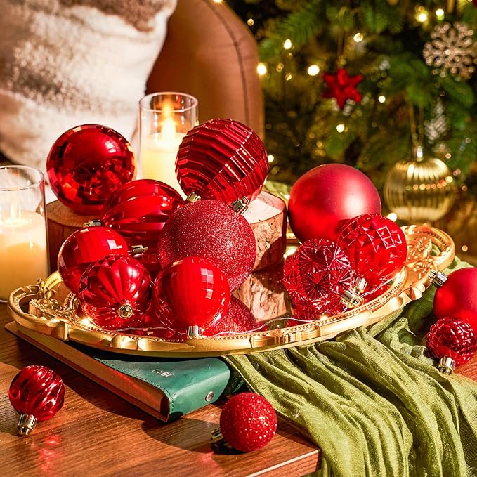 JORNOY Christmas Tree Ornaments Set, 47 Pack Assorted Shatterproof Hanging Balls Decorations, Plastic Bulbs Bulk with Lanyard for Home Holiday Party Decor, 3-Sizes (Red)