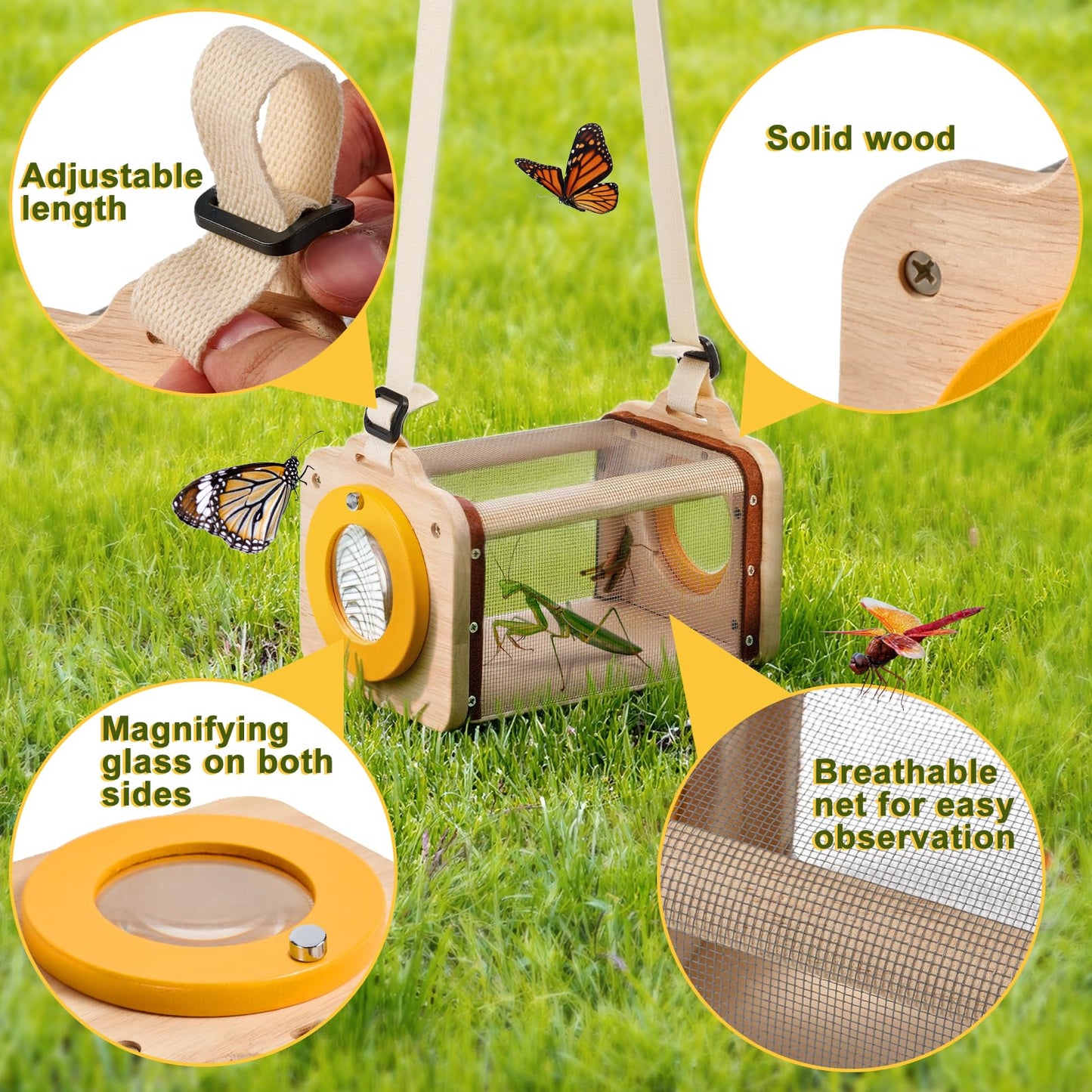 Wooden Bug Catcher Kit for Kids,10PCS Kids Bug Catching Kit with Bug Collector,Butterfly Net,Magnifying Glass,Toddler Bug Habitat Outdoor Explorer Kit Bug Collection,Nature Gift for Boys&Girls