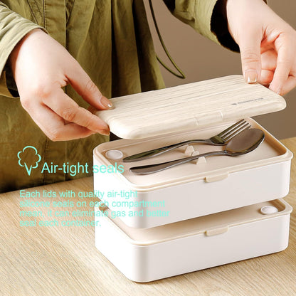 Binoster Original Bento Box Lunch Box Japanese Style 2 Layer Food Containers with Utensils Spoon and Fork Bundle Divider Salad Box for Men Women(White)