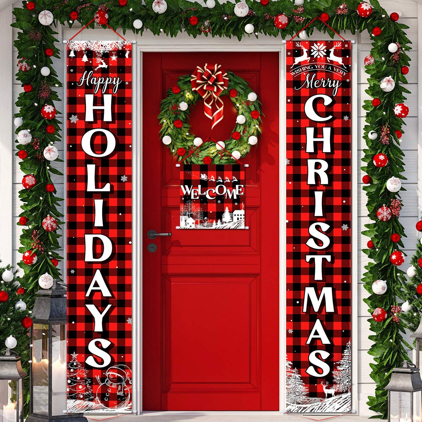 Boao 3 Pieces Christmas Plaid Porch Sign Merry Christmas Banner Happy Holidays Banner Welcome Banner Front Door Hanging Sign for Christmas Home Wall Indoor Outdoor Decoration